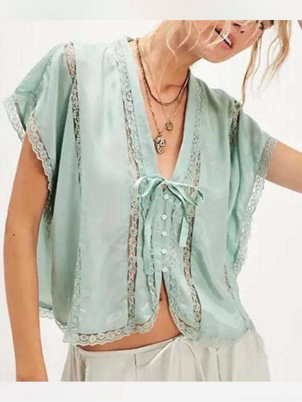 Free People Marigold Shine Lace Top- Blue Surf